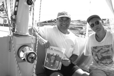 02-28-02-2
John Folino and Jerry Goodale of Mattapoisett pose at the halfway point of crossing the Atlantic Ocean from Europe (Portugal) to the Tortola in the BVI (Caribbean) during a recent trip to deliver a sailboat. 2/28/02 edition
