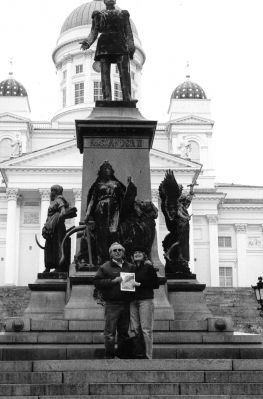 04-25-02
Jeff and Deb Chase of Mattapoisett pose with a copy of The Wanderer below a statue of Alexander the Great in front of the Cathedral of Helsinki in Finland during a trip last fall. Jeff traveled there to walk Finnish exchange student Lisa, who visited the couple in Mattapoisett in 1990, down the aisle for her wedding. (Photo courtesy of Deb Chase). 4/25/02 edition
