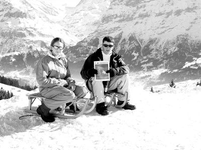 042403
Corinna Thompson and Geoffrey Rowley, both of Marion, pose with a copy of The Wanderer in hand, as they get ready to go sledding. The picture was taken in Grindelwald, Switzerland, during the recent February school vacation week. (Photo courtesy of Joan Wing). 4/24/03 edition
