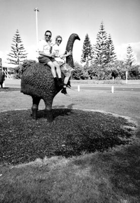 05-23-02-4
Bob and Angela Moshiri of Marion Road in Mattapoisett pose with a copy of The Wanderer during a recent trip to the land Down Under. Theyre sitting on a statue of a Moa, one of the largest birds in the world which became extinct some 300 years ago and was indigenous to NZ. 5/23/02 edition
