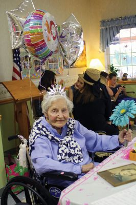 100th Birthday
If you see Marion Connors, wish her a Happy 100th Birthday! Connors’s daughter Patricia Normand credits the two-mile daily walks up until Marion was 90, and her daily half a glass of red wine for her mother’s longevity. Family and friends celebrated with Marion at the Sippican Healthcare Center activities room on Friday, June 13. Marion turns 100 today, June 14. By Jean Perry
