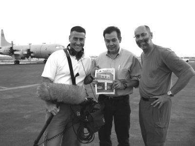 11-28-02
Veteran sound recordist Brent Lestage of Mattapoisett (left) poses with Michael R. Gordon, Foreign Affairs Correspondent for The New York Times (center), and two-time Emmy Award winning camera man Curt Worden (right) aboard a P-13 Orion surveillance aircraft during a recent 22-day shoot for a Discovery Channel documentary. (Photo courtesy of Brent Lestage). 11/28/02 edition
