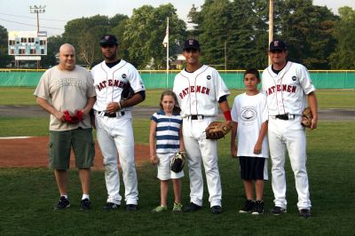 PMC at Gatemen
Riders and supporters of the Pan Mass Challenge (PMC) received a tremendous welcome during the opening ceremonies for Tuesday nights Wareham Gatemen game. (left to right) Todd Fournier, Ryan LaMarre, Kate Kiernan, Ryan Pineda, Michael Labonte, Dean Kiekhefer
