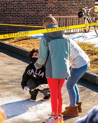 Crime Scene Investigation
Mattapoisett Police Detective Scott LeBlanc made an appearance at Old Hammondtown School on Friday, when Emily DeBortoli (Italia shirt) and many other fifth graders learned about investigating crime scenes outside the school building. Photos by Ryan Feeney
