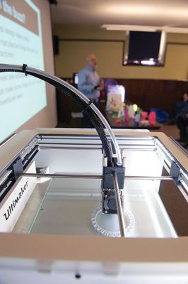 3D Printing
The Mattapoisett Free Library unveiled its brand new 3D printer this weekend during a presentation given by tech expert Kevin Osborn. Osborn gave a demonstration on Saturday, April 16, of the library’s very own brand new Ultimaker 2 3D printer. Photos by Colin Veitch
