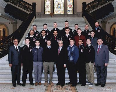 ORR Basketball State Champions
The ORR Basketball State Champions and their coaches were recently invited guests of State Representative William M. Straus (D.-Mattapoisett) at the Massachusetts State House on April 28.The day began with a narrated tour of the State House, followed by Rep. Straus greeting the team for a photo together with Senator Marc Pacheco (D.-Taunton) and Senator Michael Rodrigues (D.-Westport). 
