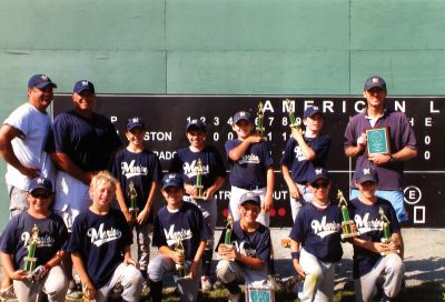 10u All-Star
The Marion/Mattapoisett Baseball 10u All-Star team won the Freetown Little Fenway Tournament, beating Falmouth 12-9 in the finals. Pictured here are: (Front row, left to right): Kyle Gillis, Luke Muther, Owen Sughrue, Jackson Reydl, James Dwyer, Jack McCain. (Back row, left to right): Coaches Matt Lanagan, Jamie Dwyer, Matty Lanagan, George Whitney, Andrew Riggi, Russ Noonan and Manager J.J. Reydel. Photo courtesy of Kim Dwyer.
