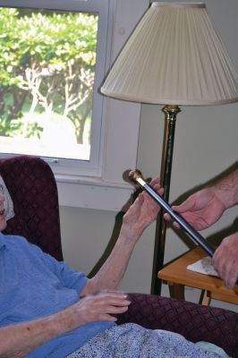 Boston Post Cane
Ninety-eight year-old Margaret Nye was presented with the Boston Post Cane by Selectman Jody Dickerson in her Converse Street home on July 19. The cane is passed to the oldest resident of town and is a 105 year-old tradition throughout New England. Photos by Jean Perry
