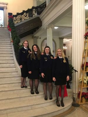 State House Visit
On October 21, four students from Bristol County Agricultural High School visited the Massachusetts State House for recognition of the team’s placing first place at the 89th National FFA (Future Farmers of America) Convention and Expo. From left to right: Bridgette Roy (Rehoboth), Alexandra Bettencourt (Raynham), Molly Ross (Rochester), Jacqueline Poplawski (Norton). Photo courtesy Molly Ross
