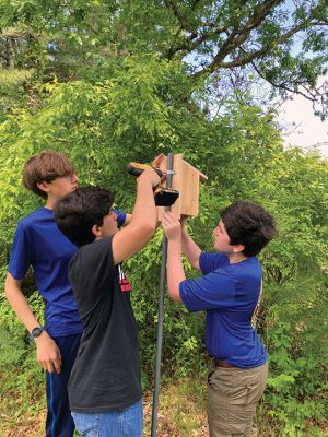 Mattapoisett Boy Scout Troop 53 
From left, Mattapoisett Boy Scout Troop 53 members Lowell Copps, Rafael Duarte and Joseph Higgins install one of 10 birdhouses that were placed along the powerline property off Crystal Spring Road on Saturday. Helen Lozoraitis and Paul Duffy donated the birdhouse kits for the scouts to construct and installed the poles for mounting. With an assortment of hole sizes, the houses will attract a variety of birds that will consume many mosquitoes. Photo courtesy of Wendy Copps - June 15, 2023 edition
