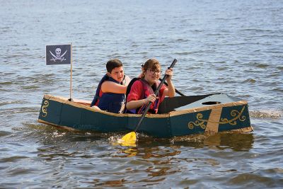 The Scoop on S.C.O.P.E. 
ORRJHS 7th-grade students participated in the annual S.C.O.P.E. cardboard boat race at the beach at the Mattapoisett YMCA last Wednesday, June 20. The students engineer and build their boats – some sink, some sail – and this year team “Funky Monkey” came in first place. There were 15 boats in all this year, all created by teams of four. Photos by Glenn C. Silva
