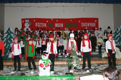 Melton The Warm-Hearted Snowman
The students of Center School performed their holiday production of Melton The Warm-Hearted Snowman to a full house of adoring family members and friends on Thursday December 19th.  Directed by Ms. Willow Dowling the entire student body lent their talents and enthusiasm to this story of a snowman ‘born’ with a warm heart.  Photo by Marilou Newell
