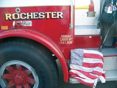 Ladder 49
This month, the Rochester Fire Department received a piece of steel from the World Trade Center to be displayed at the Rochester Firefighter's Memorial. It was brought into town on Rochester's Ladder 1, formerly "Ladder 49" of FDNY. Fire Chief Scott Weigel said that a ceremony would be held to celebrate the memorial edition, likely sometime in spring 2012. Photo by Tracy Eldridge. 
