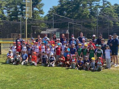 Wareham Gatemen
Wareham Gatemen, who visited with Old Rochester Youth Baseball and conducted a clinic on Saturday morning at Gifford Park in Rochester. The Cape Cod Baseball League team worked with Tri-Town players on hitting, fielding, base running and T-ball. Action photos by Mick Colageo, group photo courtesy of ORYB

