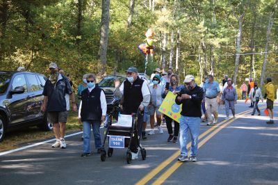 Brad Hathaway
It took 32 years, but on October 3 Mattapoisett resident Brad Hathaway completed his “Walk around the World” along Aucoot Road, accompanied by well over 100 friends and supporters of his mission refocused some years ago from what had begun as a fitness prescription to a fundraising effort for the Mattapoisett Land Trust. Hathaway, 88, is a co-founder of the MLT and has dedicated his life toward preserving and protecting lands that his ancestors first came upon hundreds of years ago. 
