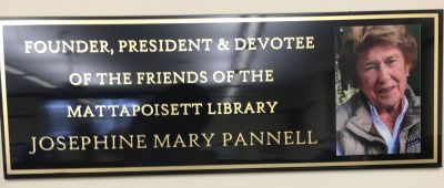 Jo Pannel
Jo Pannel is remembered for her many contributions to the social and cultural life of Mattapoisett. In the library, a recently installed plaque commemorates her founding work that helped the Mattapoisett Library then and now. Photo by Marilou Newell
