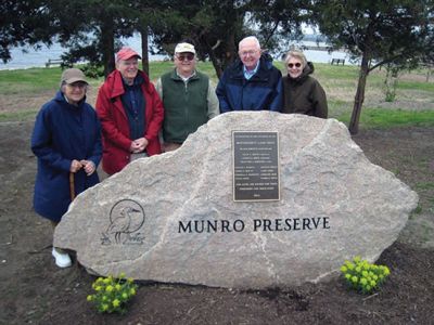 Mattapoisett Land Trust 
The Mattapoisett Land Trust dedicated a monument on the Munro Preserve to honor the founders of the organization and celebrate the 40th anniversary of it’s beginnings.  Present at the ceremony on Saturday, May 10th and pictured, are founders Donald J. Fleming, Bradford A. Hathaway, Priscilla A. Hathaway, George B. Mock II, and his wife, Elise Mock.  

