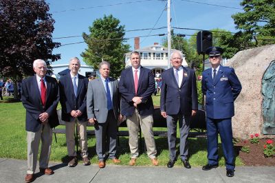 Marion’s Memorial Day 
A procession on Front Street that began at the Music Hall culminated with Marion’s Memorial Day Remembrance ceremony at Old Landing. From left, Marion Select Board members Norm Hills, Toby Burr and Randy Parker, Town Administrator Jay McGrail, keynote speaker former U.S. Marines Corporal Jack McLean and master of ceremonies Air Force Major Andrew Bonney. Contributing to the observances were Father Eric Fialho of St. Gabriel’s Episcopal Church, Boy Scouts, Girl Scouts, Cub Scouts and Brownies, the Sippican E
