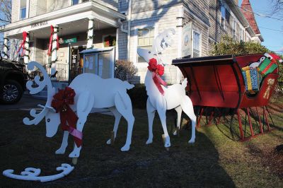 Christmas Scenes
Salty the Seahorse is in the holiday spirit, while Rudolph seems to have lost an antler at Town Hall and one village home’s gathering of Christmas characters overlooks Mattapoisett harbor. Photos by Mick Colageo
