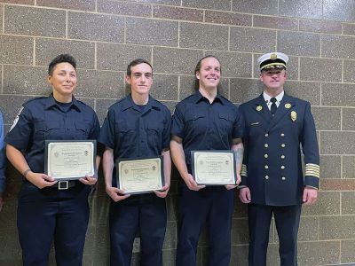 Firefighter Graduation
Three members of the Mattapoisett Fire Department graduated from the Fire Academy on Monday night. Pictured from left: Chante Gibson, Drew Weaver, Cody Grodzki, and Fire Chief Andrew Murray. Steven F. Rodriguez and Luke B. Still of the Marion Fire Department also graduated on Monday. Photo by Hunter Schultz
