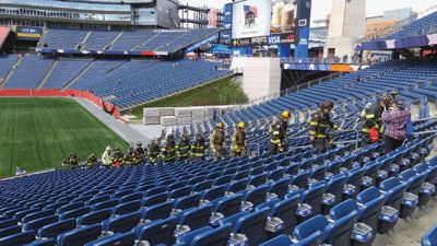 Mattapoisett Firefighters
Four Mattapoisett firefighters participated in the Gillette Stadium S4RT stair climb fundraiser on Sunday, May 7. Lieutenant Justin Dubois and firefighters Justin Blue, Silas Costa, and Bill Oliver climbed 2,880steps in one hour in full firefighter gear (up to 100 lbs) to raise money for Homes For Our Troops, a nonprofit that builds adaptive homes for injured veterans. Photo courtesy Lt. Justin Dubois
