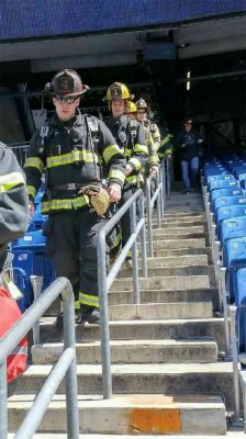 Mattapoisett Firefighters
Four Mattapoisett firefighters participated in the Gillette Stadium S4RT stair climb fundraiser on Sunday, May 7. Lieutenant Justin Dubois and firefighters Justin Blue, Silas Costa, and Bill Oliver climbed 2,880steps in one hour in full firefighter gear (up to 100 lbs) to raise money for Homes For Our Troops, a nonprofit that builds adaptive homes for injured veterans. Photo courtesy Lt. Justin Dubois
