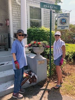 Mattapoisett Woman’s Club Garden Group
Red, white, and blue was Sharon Doyon’s vision of the Mattapoisett Woman’s Club Garden Group as 18 members gathered at the library to plant on May 26 in areas including the pots at the Mattapoisett Historical Society and Town Hall, window boxes at the post office and Town Beach house, the lighthouse garden at the harbor, plus the gardens and planters at the Mattapoisett Free Public Library. 
