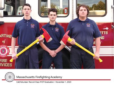 Marion Fire Department
On November 1, three Marion-based firefighters, Dalton Lyons, Christopher Peckham and Jacob Ouellette, graduated from the Call/Volunteer Recruit Firefighter Training Program. Courtesy Marion Fire Department/EMS
