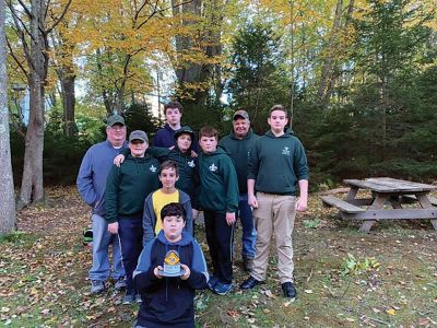 Marion Troop 32 
Boy Scouts Marion Troop 32 won third place in the Construction Camporee, an event organized by the Narragansett Council Boys Scouts of America. The all-day event on Saturday, October 19, in Cranston, Rhode Island, challenged the scouts to perform various engineering feats, including building a bridge with duct tape. Photo courtesy Laura Pedulli
