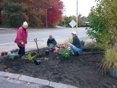 Marion Garden Group
Marion Garden Group members Jane Barker, Clare Healy and Val Knot, in addition to the Marion Department of Public Works, spent thee days beautifying the traffic triangle at Route 6 and Spring Street in Marion during the last two weeks of October. Photo by Trina Waniga
