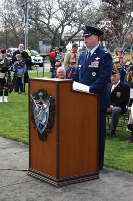 Veteran's Day
Col. Timothy M. White, United States Air Force, an instructor at the Naval War College of Newport, Rhode Island gives the main address at the Marion Veterans Day ceremony on November 11, 2011. Photo by Robert Chiarito.
