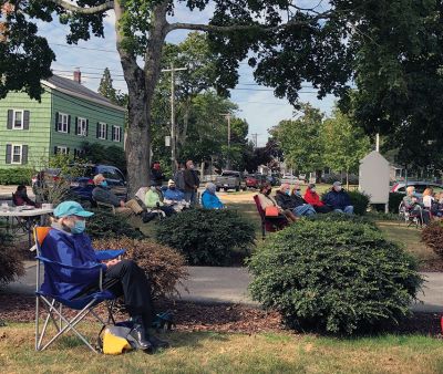 Mattapoisett Congregational Church
Mattapoisett Congregational Church held outdoor service on Sunday featuring “Bring your own lawn chair,” as some folks sat in cars at curbside. No hymns were sung by members; the socially distant, mask-clad crowd enjoyed musical tunes by Jake Huntsinger, and Pastor Amy Lignitz-Harken gave the sermon. Communion was served from individual sealed wafers and wine cups (grape juice). The recorded service can be found on ORCTV and on the church’s Facebook link to YouTube. Photos courtesy Jennifer Shepley
