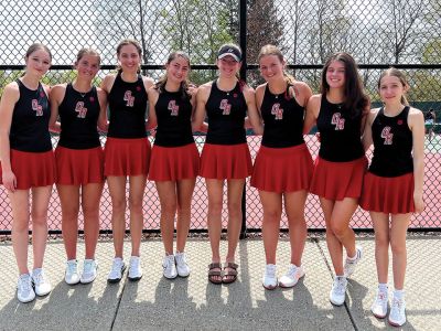 ORRHS Girls Tennis
The Old Rochester Regional High School girls tennis team went undefeated for a second straight regular season and won the South Coast Conference tournament before going 1-1 in the MIAA Division 3 state tournament. From left: Ella Bishop, Caroline Houdelette, Grace Hebert, Delaney Chase, Neva Matos, Liz Houdelette, Emily Wyman, and Rose Bouley. Photo courtesy Darbi Matos
