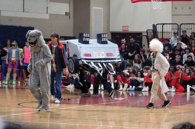 ORR Spirit Week
The culmination of Old Rochester Regional High School’s Spirit Week was a pep rally held after October 7 classes in the gymnasium. ORR sophomores performed a Wizard of Oz skit, and the ORR Bulldog joined Dorothy and company. The seniors displayed a "Back in Time/Back to the Future" theme, featuring a cleverly constructed “Delorean,” a colorful aerobics class, lots of action and energetic music with Marty McFly and Doc Brown characters joined by the heroic Bulldog. 
