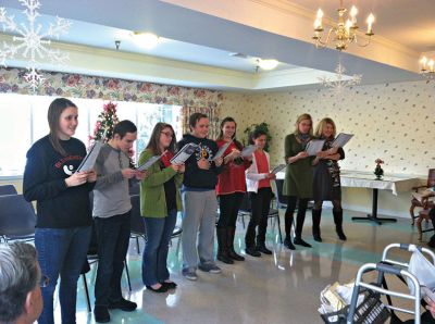 ORR Student Council
ORR Student Council members went caroling Hathaway Manor Extended Care Facility in New Bedford last Thursday to spread holiday cheer. Pictured here (left to right) Natasha Shorrock, Nick Bergstein, Kelly Merlo, Troy Rood, Leah Thomas, Julia Nojeim, Toby Kyle, Merri Wickman. Photo by Renae Reints
