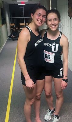 Julia O’ Rourke
Tabor Academy alumna Julia O’ Rourke (left) qualified for the Division III XC Nationals in Wisconsin and, on February 22, she broke the Bowdoin College 5,000 meter record (set in 2012) at the Division III Track Championship with a time of 17:35.46. O’Rourke is pictured with her track mate, Caroline Shipley, to Julia’s left. Photo courtesy Laura O’Rourke
