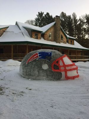 Go Pats!
Mark Mooney of Crystal Spring Road in Mattapoisett created this humongous football helmet in the snow to show support for the Patriots.
