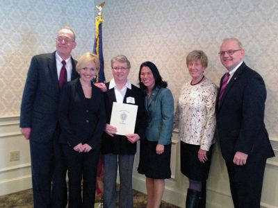 Volunteerism Award
Mattapoisett resident Carole Jarvis (3rd from left) received an award for volunteerism and community service at the recent Plymouth County GOP awards breakfast at the Boston Tavern in Middleboro. From Left to right:  Mark Townsend, Kirsten Hughes, Carole Jarvis, State Representative Keiko Orrall, Jane Awad, and Plymouth District Attorney Timothy J. Cruz
