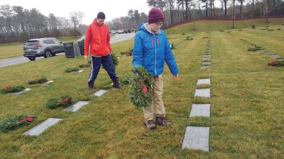 Rochester Scout
Rochester Boy Scouts from Troop 31, Andrew Wronski and Austin O'Malley, took part in Wreaths Across America on December 14 at the National Cemetery in Bourne. Each year, thousands of wreaths are placed across military and veterans cemeteries to honor our America's fallen for the holidays. Rochester Troop 31 Scouts helped with this national effort to place 18,000 wreaths this year. The adorning of these graves pays tribute to the sacrifice the men and women of the armed forces pay to preserve our freedoms. 

