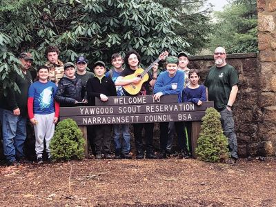 Marion Boy Scout Troop 32
Heavy winds and rain did not dampen the enthusiasm of Marion Boy Scout Troop 32, pictured here at Yawgoog Scout Reservation in Rockville, RI, on Saturday, April 13. Photo by Laura Pedulli
