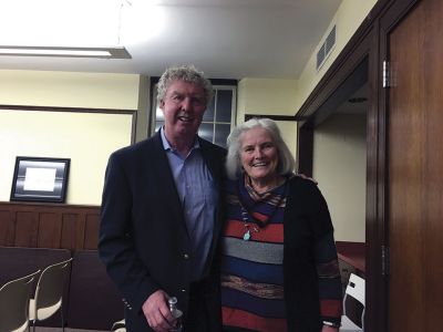 Boston Globe’s Dan Shaughnessy
The Boston Globe’s Dan Shaughnessy was the guest speaker on November 24 when the Mattapoisett Library hosted a Purrington Series Lecture. Pictured here is Shaughnessy with his sister, local resident Anne Martin. Photos by Marilou Newell
