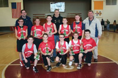 St. Anthonys Champs
Congratulations to Mattapoisetts St. Anthonys Boys C1, CYO Championship team! The team wrapped up its perfect 17-0 season by defeating St. Marys of Dartmouth in the championship game on Tuesday March 16, 2010. The team included front row (left to right): Noah Greany, Matt Lanagan, Jon OConnor, Patrick Cummings and Russell Noonan. Back row, (left to right): Hunter Smith, coach Patrick Breault, John Breault, Jeremiah Adams, coach Curt Smith, Maxx Wolski, Bryant Salkind and coach Mike Cummings. Photo court
