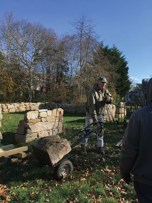 Mattapoisett Land Trust
Peter Davies of the Mattapoisett Land Trust held a stone wall building workshop at the MLT's Oliver Wendell Holmes Jr. trailhead and homestead on November 20. Photos by Marilou Newell
