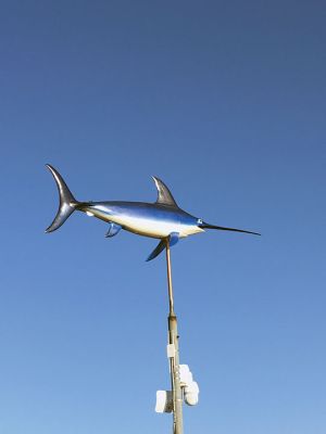 Swordfish
After a trip to the rehab center, the locally famous swordfish model has returned in time for the 2023 season, flying at the end of the Freddie Brownell aka Long Wharf at Mattapoisett’s Shipyard Park. Repairs to this iconic work of art were funded by the Community Preservation Act. Photo by Marilou Newell
