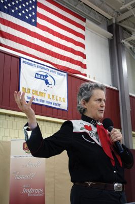 Dr. Temple Grandin
Dr. Temple Grandin, noted autistic, author, speaker, and professor of animal science at Colorado State University, visited Old Colony RVTHS on Saturday, March 11, to a packed audience of educators and parents. Grandin, dressed in one of her signature cowgirl shirts, bolo tie, and western belt buckle, delivered a powerful message: The world needs all kinds of minds. Photo by Jean Perry - March 16, 2017
