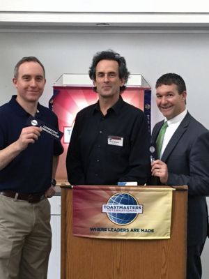 SouthCoast Toastmaster’s Club
The Mark Whalen of the SouthCoast Toastmaster’s Club recently awarded the Competent Communicator award to Eric Frost (left) and Steve Galavotti (right).  Both members completed ten speeches from the Competent Communicator manual.  Frost is from Plymouth and Galavotti is from Mattapoisett. Toastmasters provides public speaking and leadership training in a friendly, supportive environment.  
