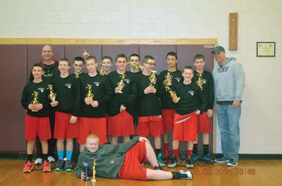 Old Rochester Bulldogs 7th Grade Travel Team
The Old Rochester Bulldogs 7th Grade Travel Team were crowned Champions at the 2014 South Plymouth St. Pats Basketball Tournament on March 7th – 9th. The boys finished the weekend with a record of 5-0. The team from left to right starting with the back row includes: Head Coach Ken Ross, Noah McIntyre, Bob Ross, Cole McIntyre, Matthew Brogioli, Jake Mourao, and Assistant Coach Bob Mourao.  Front row is Noah Massad, Dillan Villa, Nate King, Adam Breault, Isaiah Ostiguy, Adam Sylvia, and Joe Robinson (on floor
