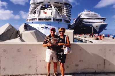 Vacation Pictures!
We’re on vacation this week, so we thought it would be the perfect time to mention that we want to see your vacation photos! Tell us what you are doing for your vacation and don’t forget to take a picture with The Wanderer and send it in so we can share it with everyone! Here’s a picture of Suellen Aiken and Richard Walker of Mattapoisett that they took on a cruise around the eastern Caribbean on the RCCL Oasis of the Seas in October 2011. 
