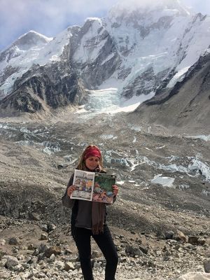 Himalayas
Lindsey Smith traveled to the the Himalayas in Nepal where she hiked for 7 days to reach Everest Base Camp standing at 17,598 ft. She sent along this photo of her with The Wanderer.
