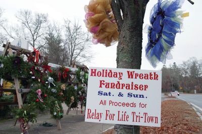 Christmas Wreath Sale 
Team “Sole Survivor” held its annual Christmas wreath sale last weekend beginning on Black Friday, and they will continue to sell hand-decorated wreaths and crafts throughout this weekend while supplies last. The group is stationed out front of 428 Wareham Road (Route 6) in Marion. All proceeds benefit the Tri-Town Relay for Life. Photos by Colin Veitch
